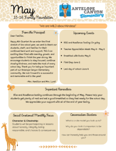 May Monthly Newsletter - Principals Message, End of Year Events which include teacher appreciate day May 4-May 8 and  last day of school on June 4th.
